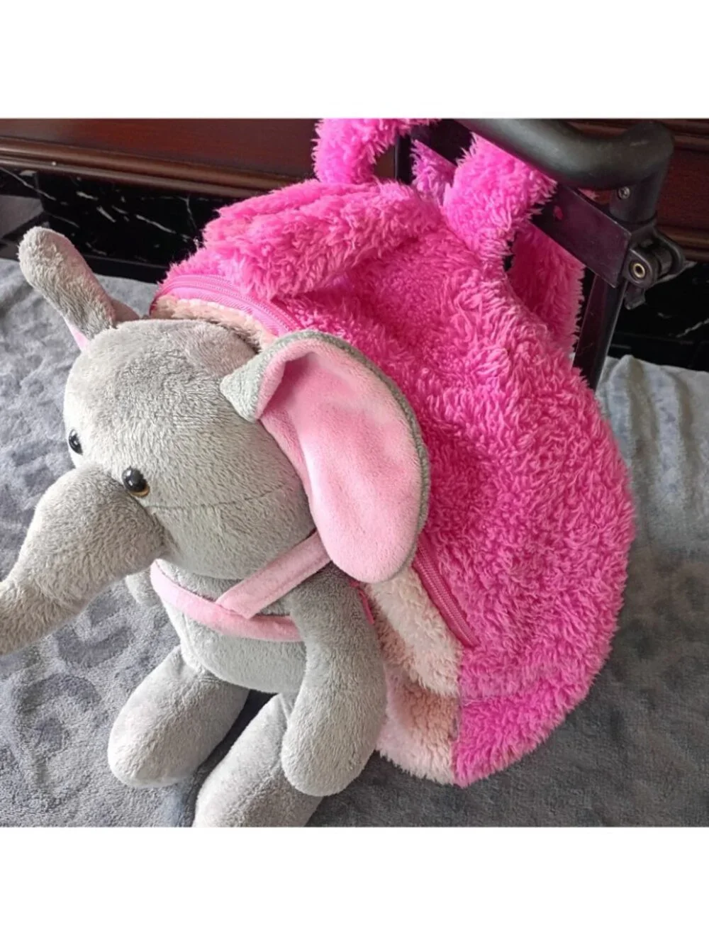 Back Pack Fluffy Pink With Plush Elephant